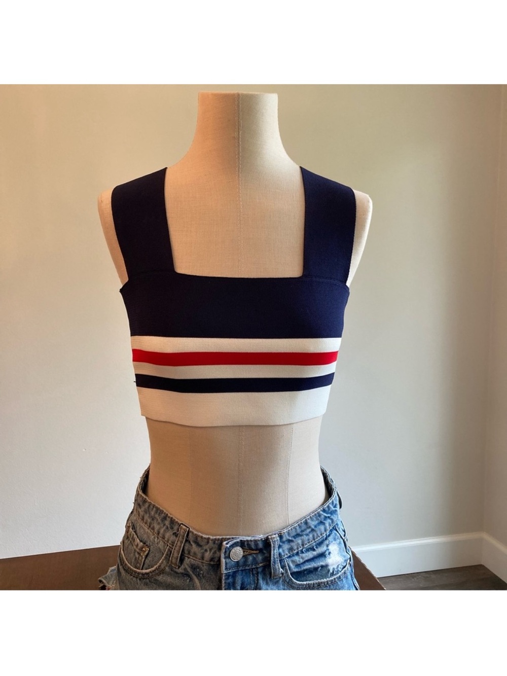 LF Stripe Cropped Tank Top - Red & White  & Blue Band Detail Size Small
